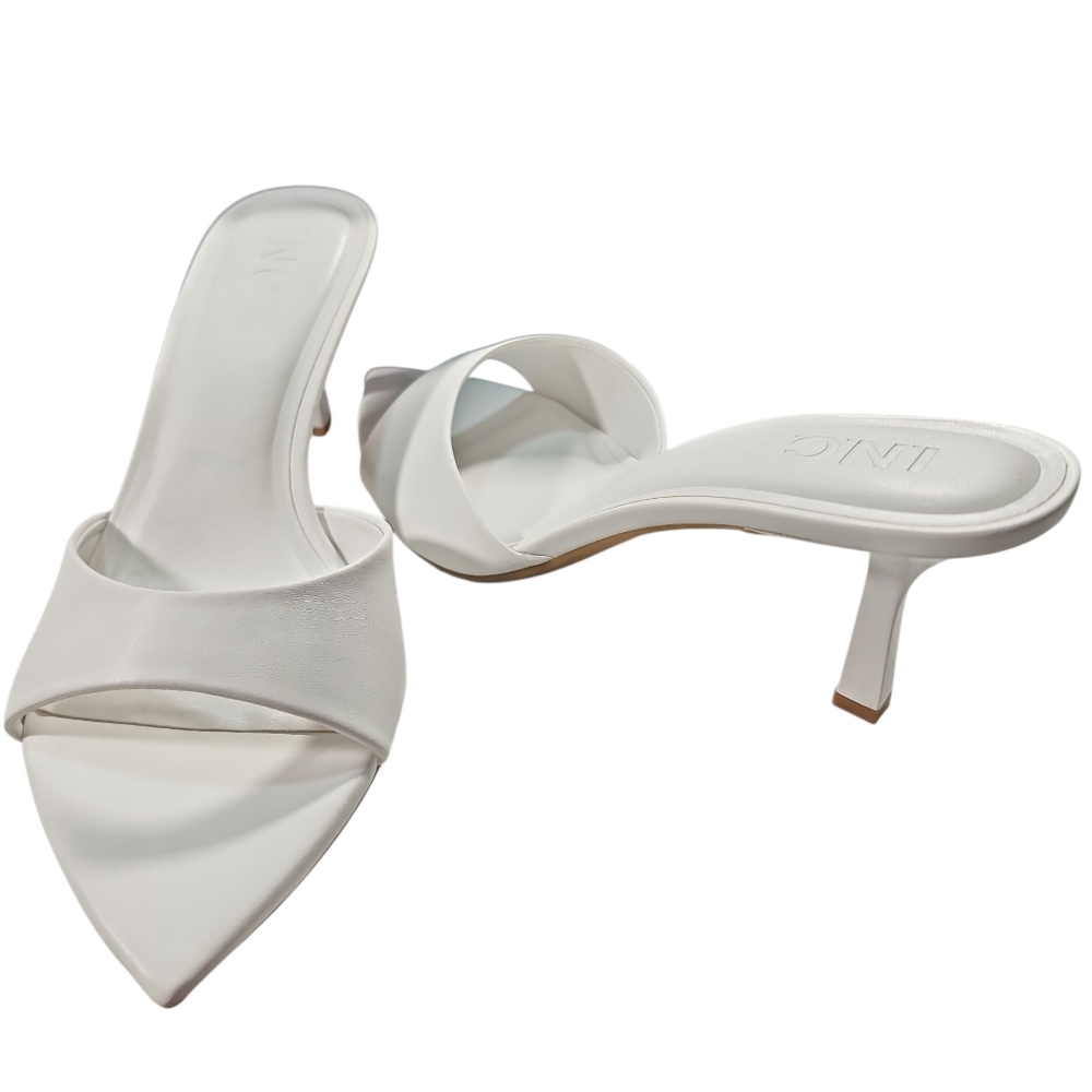 INC Basaaria White Leather Heeled Mules Pointed Toe Sandals Size 7 - Picture 3 of 11